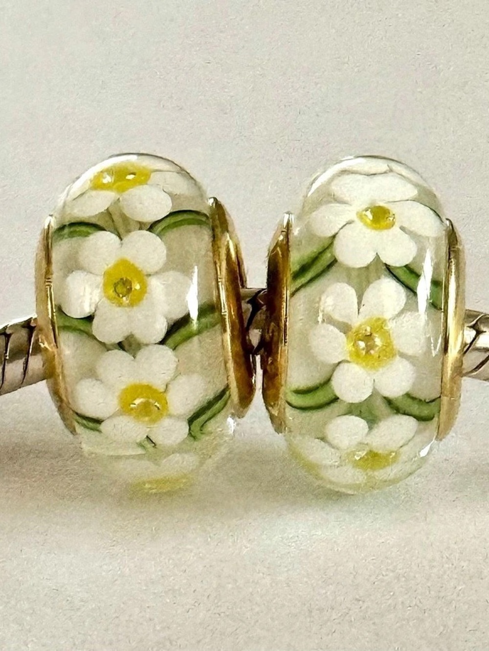 White Daisies Murano Glass Charms set with gold core fit Pandora bracelets